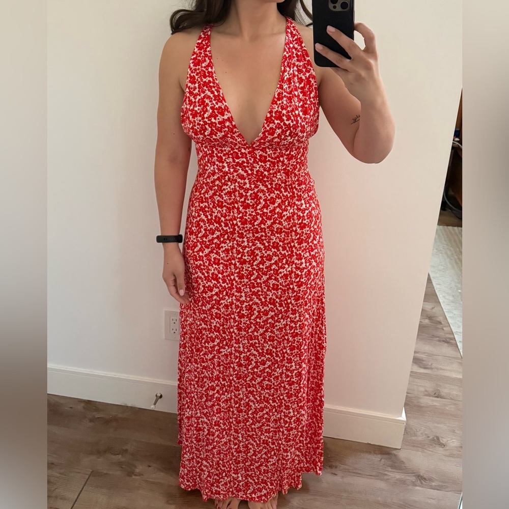 NEW - orange/red and white printed, plunge maxi dress